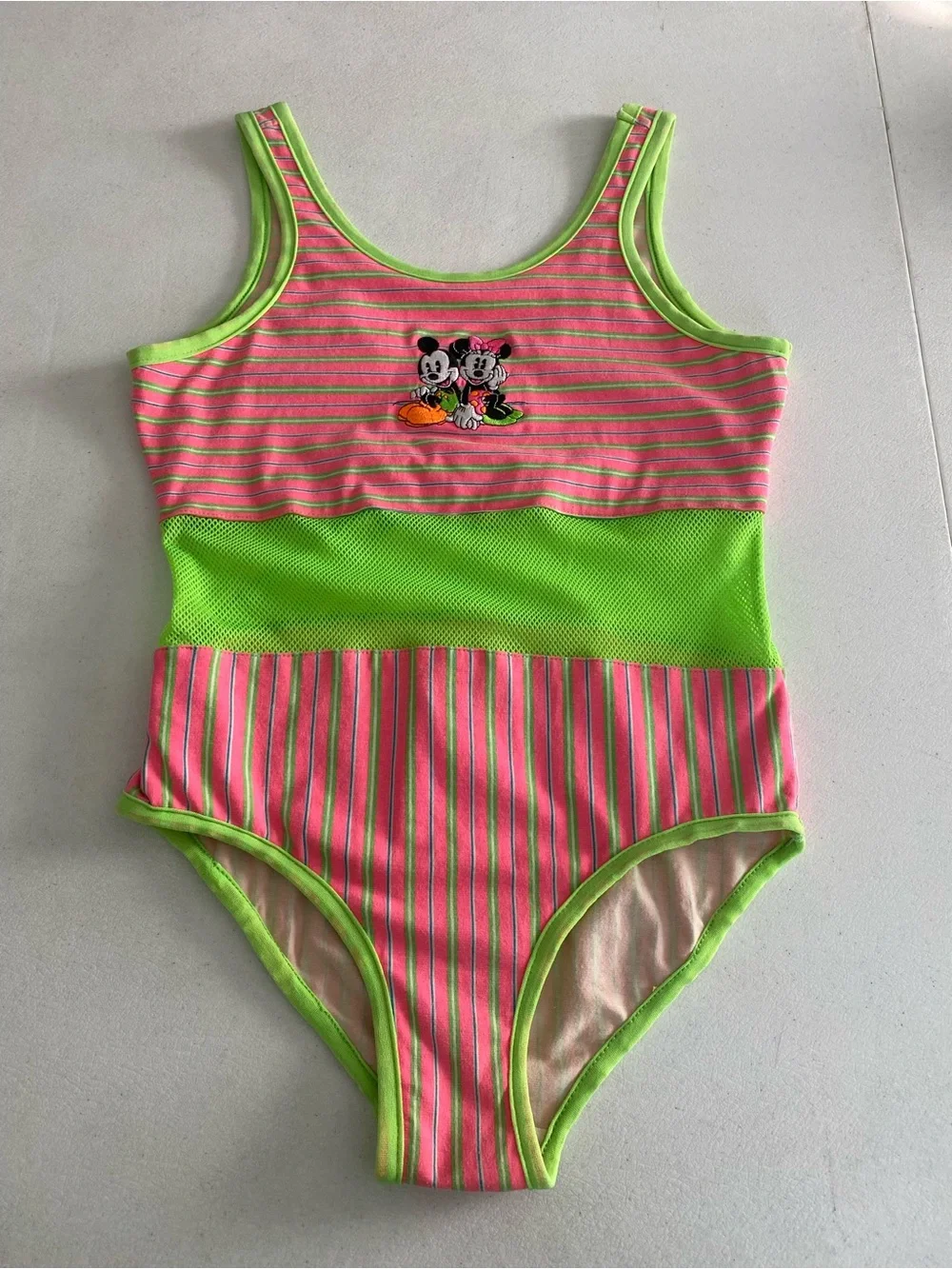 Mickey & Co 90s Vtg One Piece Swim Suit Pink & Lime Green Stripes Mickey Minnie